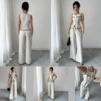 womens vest pant set shown in multiple views featuring tailored vest wide leg pants and contrast trim for elegant fit