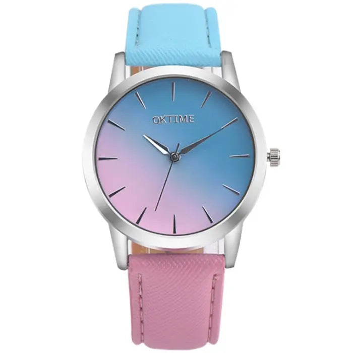 Fashion watch featuring blue to pink gradient dial with matching dual-tone leather strap