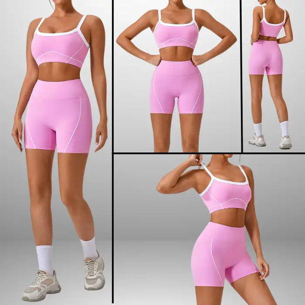 Women's workout set in pink shown from multiple angles featuring sports bra and high-waisted shorts with white trim detail