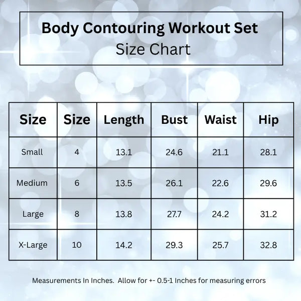 Women's workout set size chart showing measurements for small through extra-large including length, bust, waist and hip dimensions