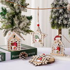 Set of Wooden Christmas Ornaments featuring gnomes and festive shapes hanging on a Christmas tree