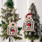 Gnome-themed house-shaped Wooden Christmas Ornaments on a snowy Christmas tree