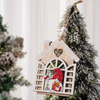 Rustic Wooden Christmas Ornament with heart cutout, window design, and red gnome holding present