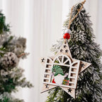 Star-shaped Wooden Christmas Ornament featuring a green-hatted gnome and gift box