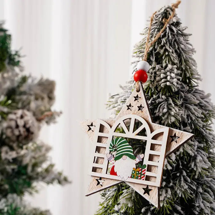 Star-shaped Wooden Christmas Ornament featuring a green-hatted gnome and gift box