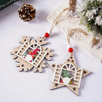 Flat lay of star and snowflake-shaped Wooden Christmas Ornaments with colorful gnome designs