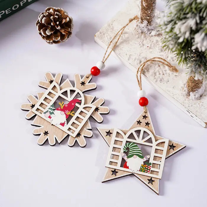 Flat lay of star and snowflake-shaped Wooden Christmas Ornaments with colorful gnome designs