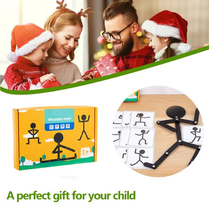 Wooden stick figure toy and pose cards shown as a recommended Christmas gift for children.