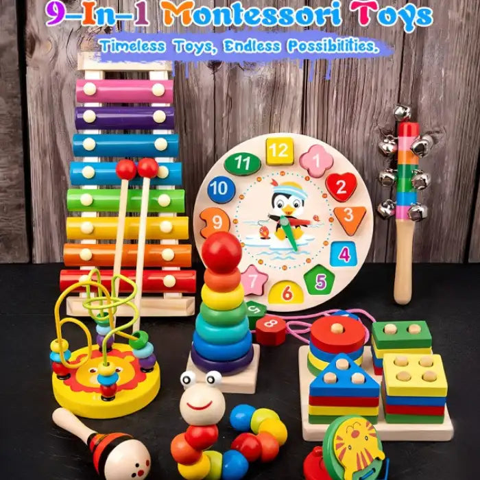 Wooden Stem toys 9-in-1 Montessori educational toy set for toddlers with shapes, music, numbers, and stacking.