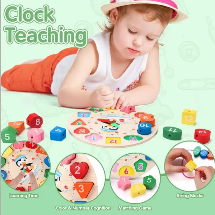 Wooden Stem toys clock activity teaching toddlers time recognition, counting, and number matching skills.
