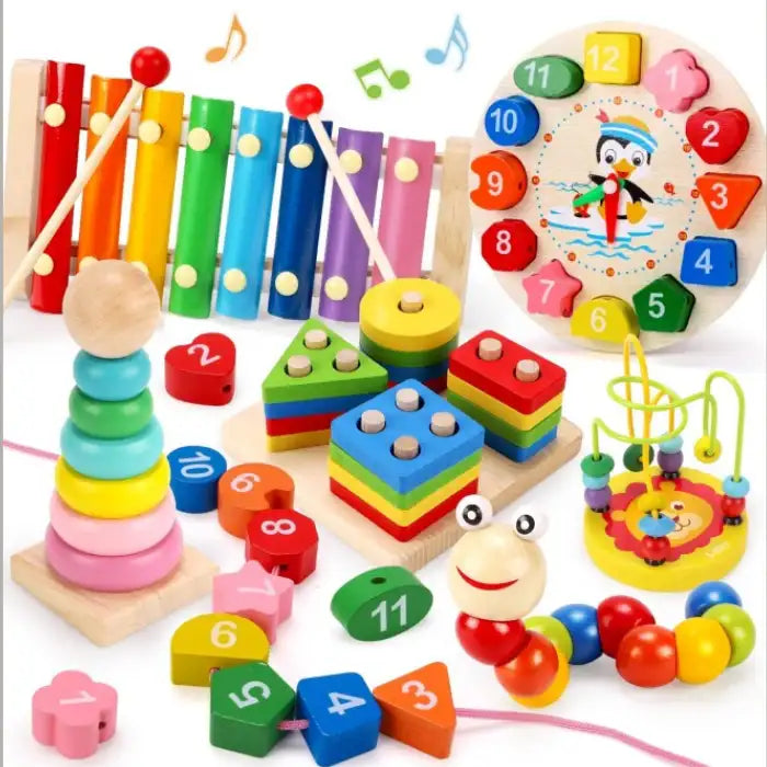 Wooden Stem toys set with rainbow stackers, lacing beads, xylophone, shape sorter, and clock for toddlers.