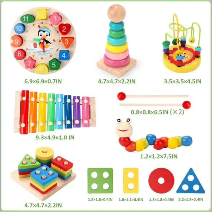 Wooden Stem toys sizing chart showing dimensions of educational toys including xylophone, stackers, and shapes.