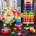 Wooden Stem toys featuring xylophone, stacking rings, clock, lacing beads, and bead maze for toddlers.