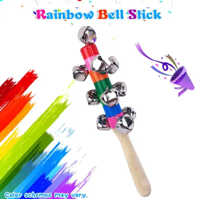 Wooden Stem toys rainbow bell stick with colorful handle and jingle bells for musical play and rhythm training.