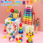 Wooden Stem toys with colorful educational learning tools including xylophone, clock, stackers, and blocks.