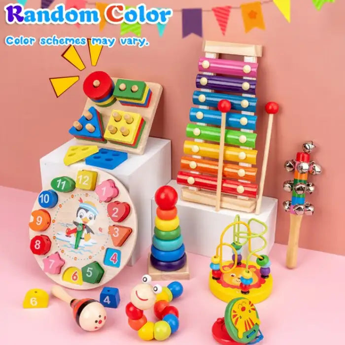 Wooden Stem toys with colorful educational learning tools including xylophone, clock, stackers, and blocks.