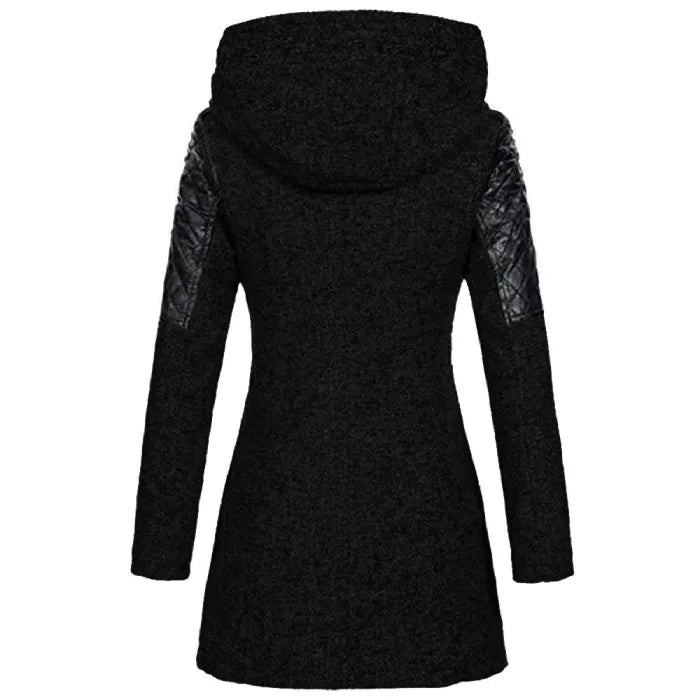wool blend hooded coat in black shown from behind, featuring quilted shoulders and long silhouette for warm everyday winter wear