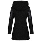 wool blend hooded coat in black shown from behind, featuring quilted shoulders and long silhouette for warm everyday winter wear
