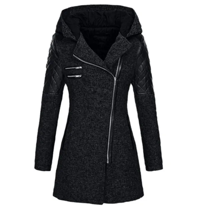 wool blend hooded coat in black with quilted sleeves, angled zipper, and warm lining for sleek cold-weather outerwear comfort