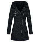 wool blend hooded coat in black with quilted sleeves, angled zipper, and warm lining for sleek cold-weather outerwear comfort