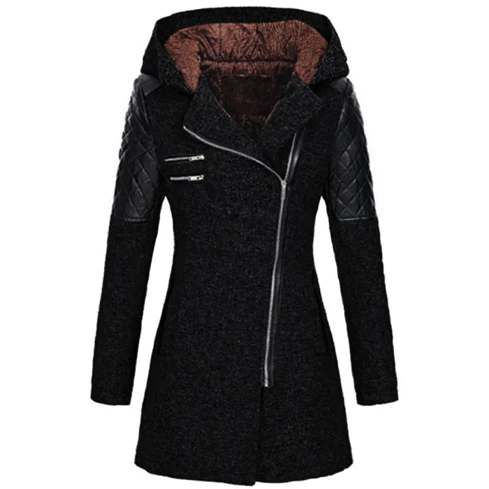 wool blend hooded coat in black with brown lining and quilted sleeves, offering warm durable winter outerwear and sleek styling