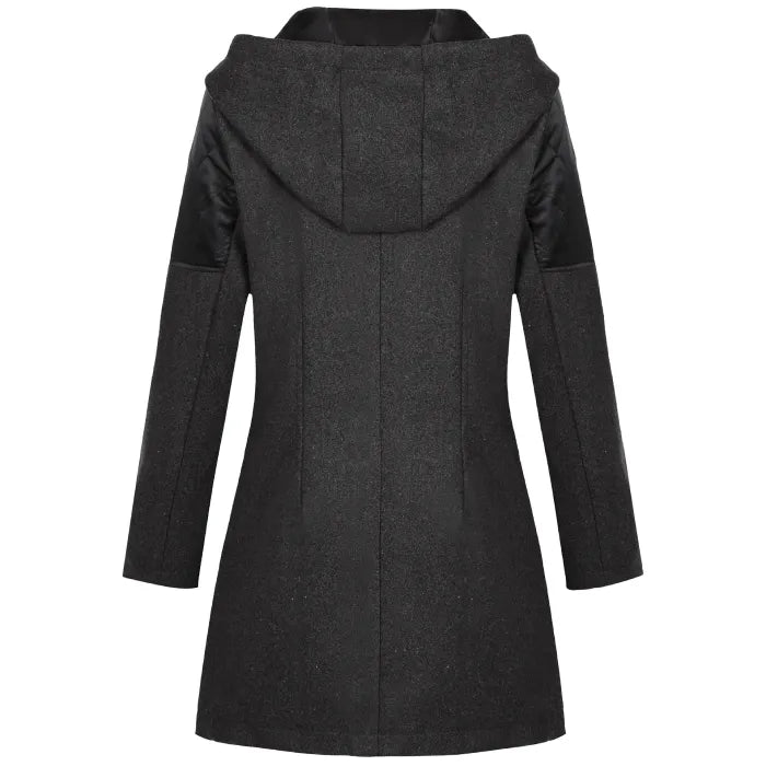wool blend hooded coat in black with smooth back paneling and quilted shoulders, designed for warm stylish winter outerwear comfort