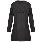wool blend hooded coat in black with smooth back paneling and quilted shoulders, designed for warm stylish winter outerwear comfort