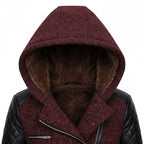 wool blend hooded coat in burgundy showing thick fleece lining and quilted shoulder detail for warm protective winter outerwear