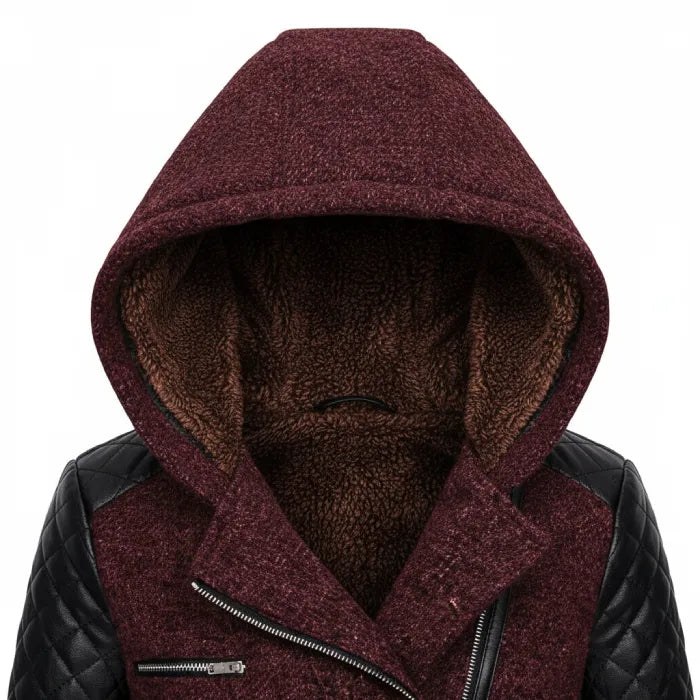 wool blend hooded coat in burgundy showing thick fleece lining and quilted shoulder detail for warm protective winter outerwear