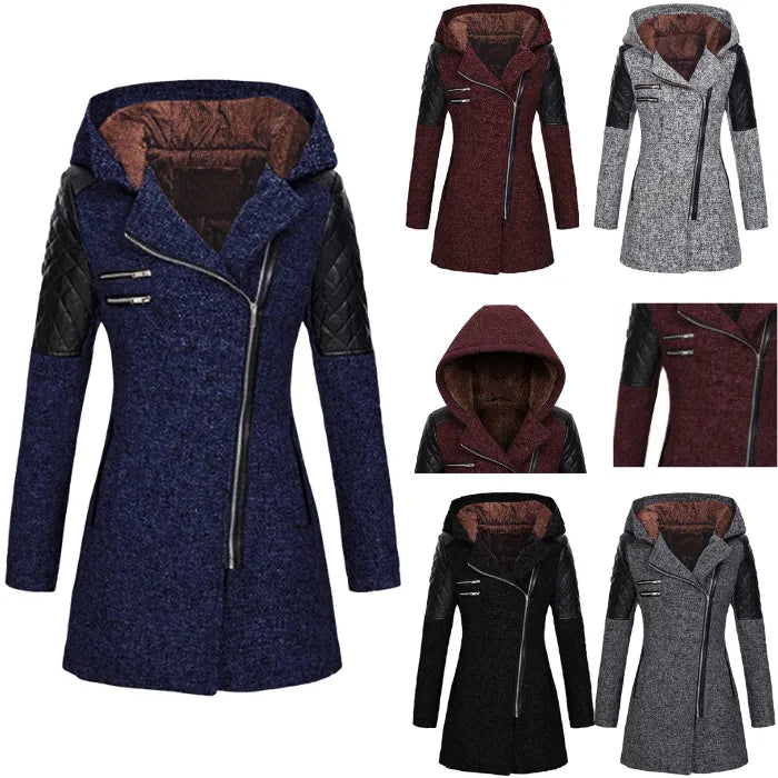 wool blend hooded coat shown in multiple colors with quilted sleeves and fleece lining, offering warm versatile women’s winter outerwear