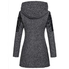 wool blend hooded coat shown from back in dark gray with quilted sleeve panels and long cut for warm and stylish winter coverage