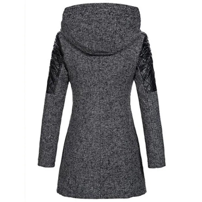wool blend hooded coat shown from back in dark gray with quilted sleeve panels and long cut for warm and stylish winter coverage