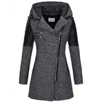 wool blend hooded coat in gray with quilted sleeves, angled zipper, and thick lining for warm winter wear with a modern sleek design