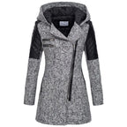 wool blend hooded coat in textured gray with quilted shoulders and angled zipper, designed for warm and stylish winter protection