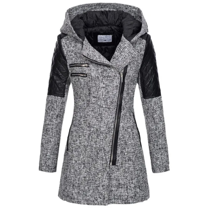 wool blend hooded coat in textured gray with quilted shoulders and angled zipper, designed for warm and stylish winter protection