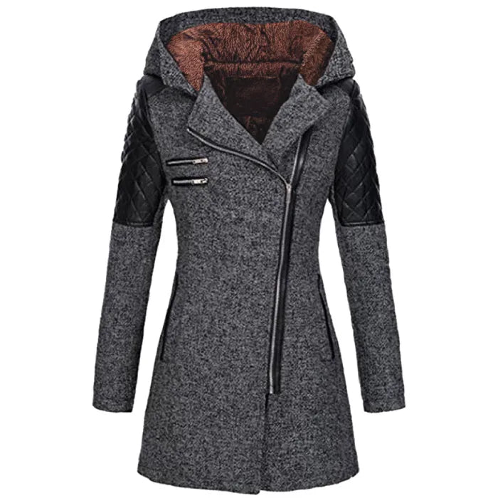 wool blend hooded coat in gray with brown lining, quilted leather sleeves, and angled zipper for warm comfortable winter outerwear