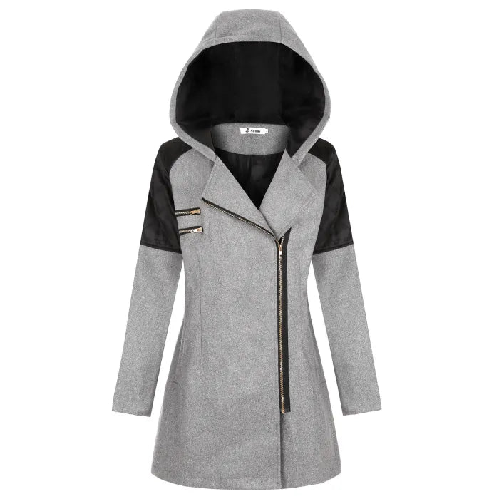 wool blend hooded coat in light gray with black sleeves, gold zipper accents, and tailored fit for sleek, warm winter outerwear