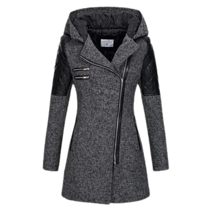 wool blend hooded coat in medium gray with quilted leather shoulders and slim cut, offering warm and stylish winter outerwear