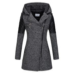 wool blend hooded coat in medium gray with quilted leather shoulders and slim cut, offering warm and stylish winter outerwear