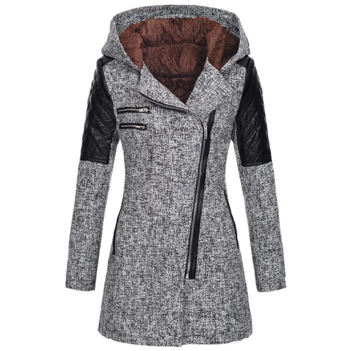 wool blend hooded coat in textured gray with warm lining and quilted shoulders, offering cozy stylish outerwear for cold weather