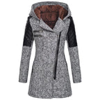 wool blend hooded coat in textured gray with warm lining and quilted shoulders, offering cozy stylish outerwear for cold weather