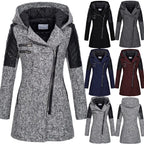 wool blend hooded coat shown in multiple colors with quilted sleeves and asymmetrical zipper, offering warm stylish winter outerwear