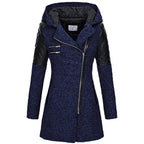 wool blend hooded coat in navy with quilted leather shoulders, warm padded hood, and angled zipper for stylish winter protection