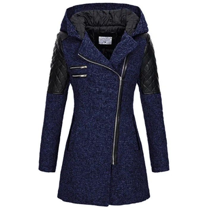 wool blend hooded coat in navy with quilted leather shoulders, warm padded hood, and angled zipper for stylish winter protection