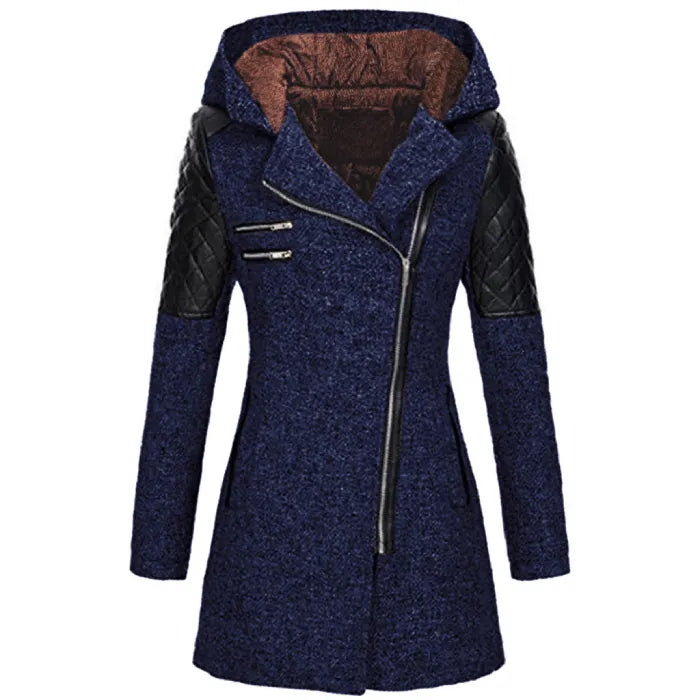 wool blend hooded coat in navy with quilted leather sleeves, asymmetrical zipper, and warm lining for stylish winter outerwear comfort