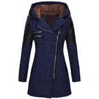 wool blend hooded coat in navy with quilted leather sleeves, asymmetrical zipper, and warm lining for stylish winter outerwear comfort