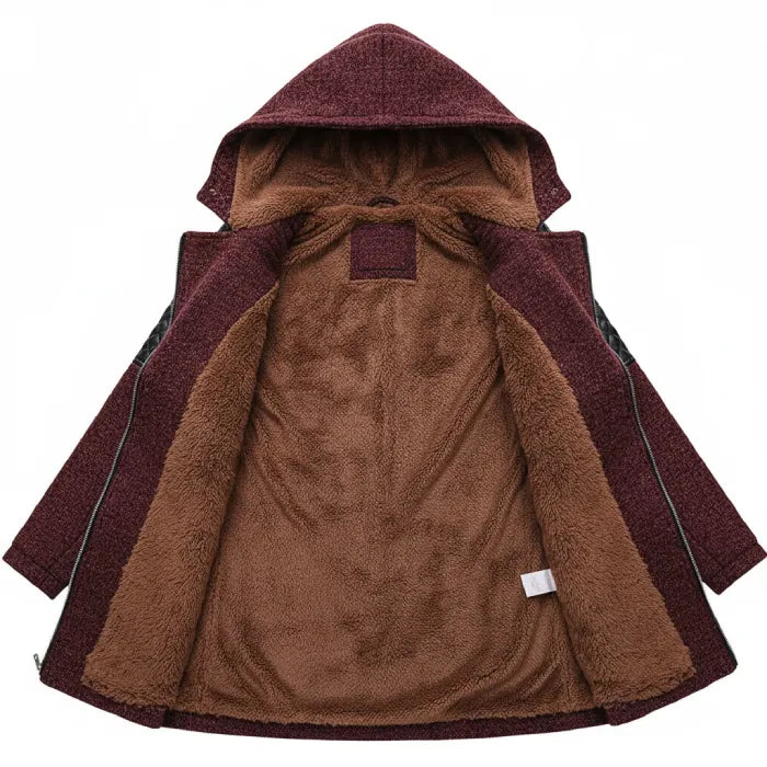 wool blend hooded coat opened to reveal full plush fleece lining, offering exceptional warmth and comfort for cold winter weather