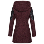 wool blend hooded coat shown from back in red with quilted shoulder panels, offering warm winter coverage with a sleek silhouette