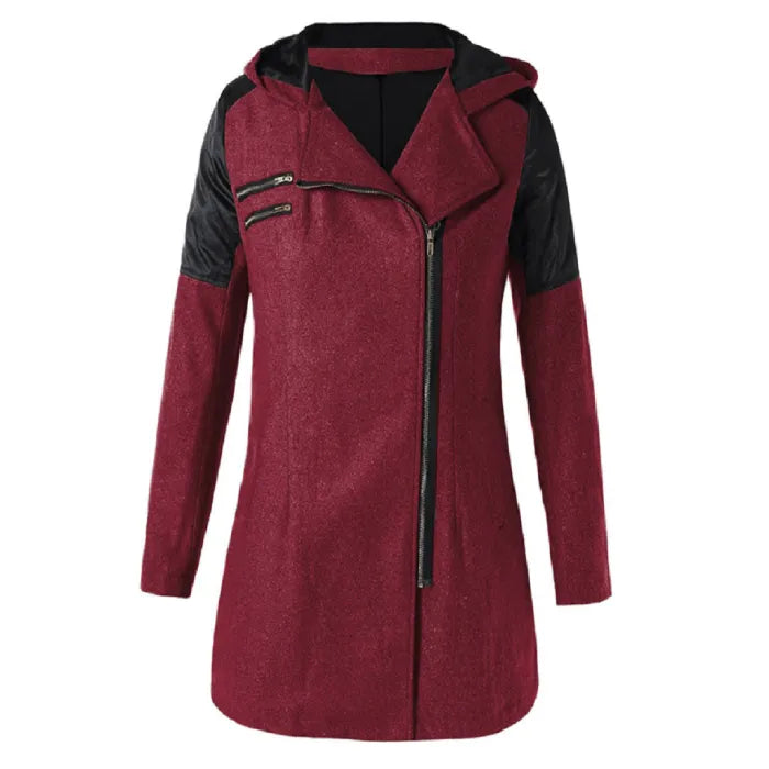wool blend hooded coat in bright red with angled zipper and soft lining, offering warm stylish outerwear ideal for cold-weather outfits