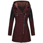 wool blend hooded coat in deep red featuring quilted shoulders, angled zipper, and warm interior for cozy and stylish cold-weather wear